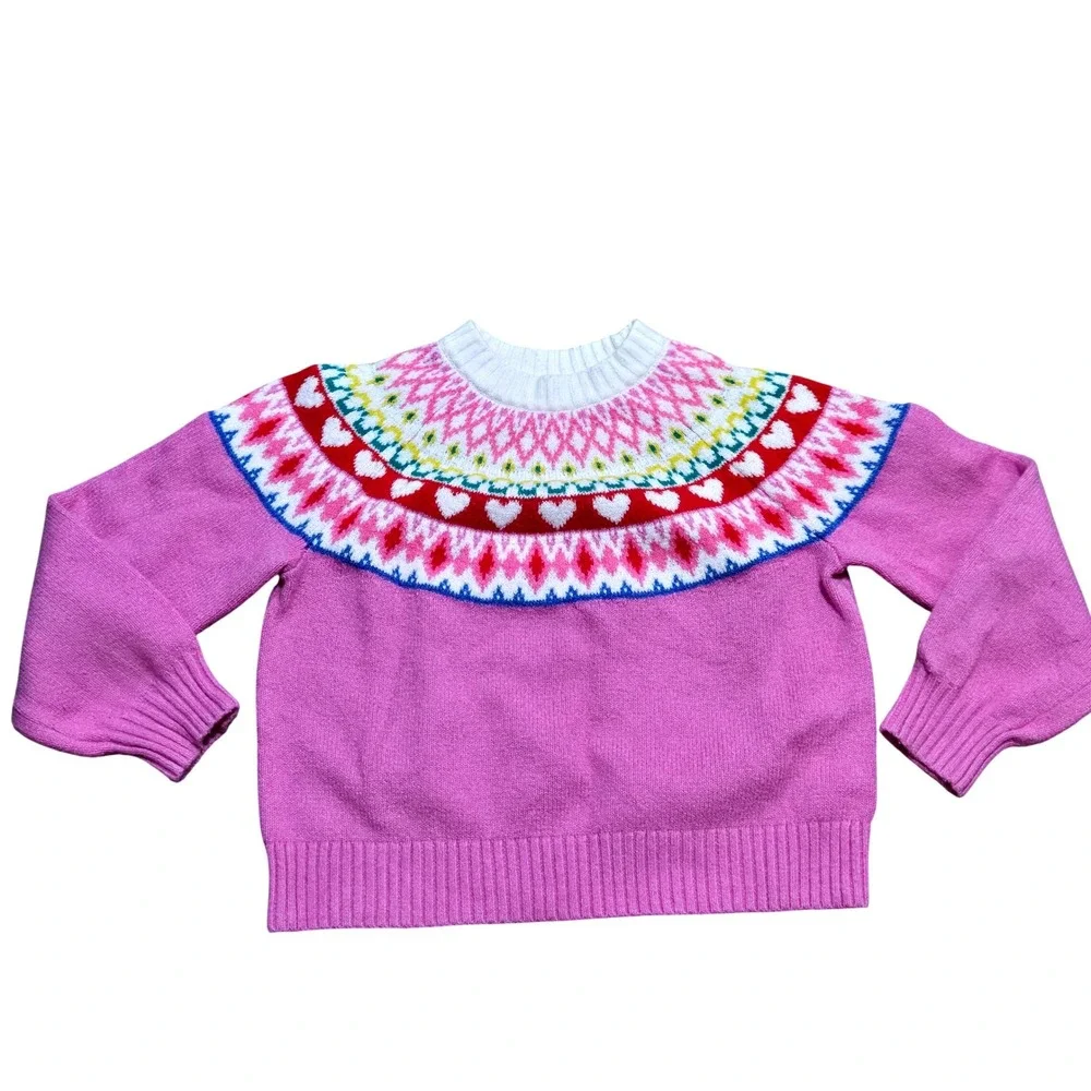 Old Navy Kids Pink Fair Isle Heart Knit Pullover Sweater Size L 10-12